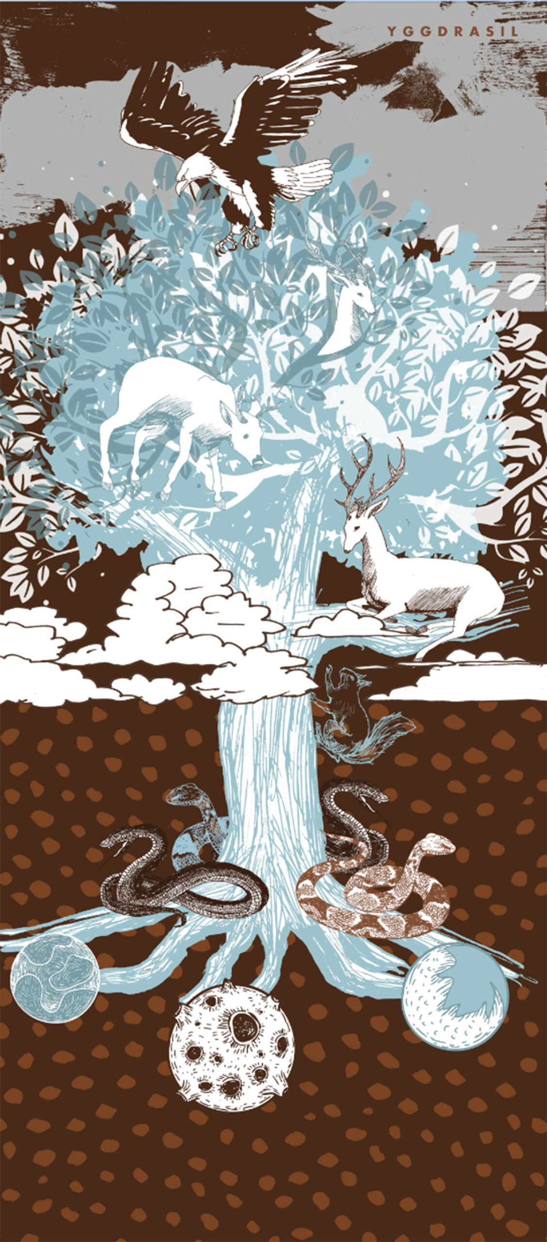 I Yggdrasils krone lever fire hjorte, Dain, Dvalin, Dunør og Duratro, der æder træets blade.
